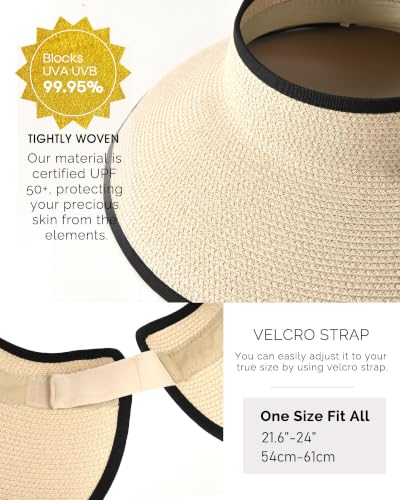 Womens Sun Hat with Ponytail Hole Wide Brim Beach Straw Visor (Medium / Beige With Black)