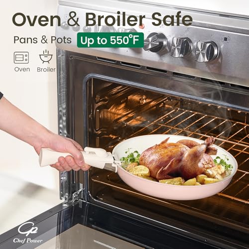 Ceramic Nonstick Pots and Pans Set 19 Piece with Detachable Handle (Light Pink)
