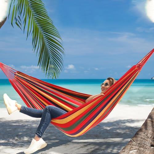 Cotton Camping Hammock Portable with Tree Straps Holds 660lbs (Red)