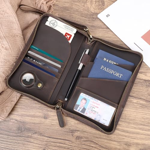 Polare Leather Passport Holder Travel Document Organizer Ticket Holder Case (Dark Brown with AirTag Slot)