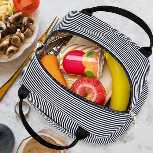 Lunch Bag for Women Men Cute Corduroy Lunch Tote Bags Reusable Insulated Lunch Box Large Capacity Reusable Insulated Cooler for Work Picnic or Travel (Corduroy Black-white stripes / 10L)
