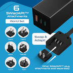 65W World Travel Adapter 3 USB Ports PD 3.0 Ultra Compact Charger 2 US Outlets [GaN Tech] (Black)