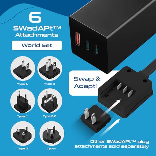 65W World Travel Adapter 3 USB Ports PD 3.0 Ultra Compact Charger 2 US Outlets [GaN Tech] (Black)