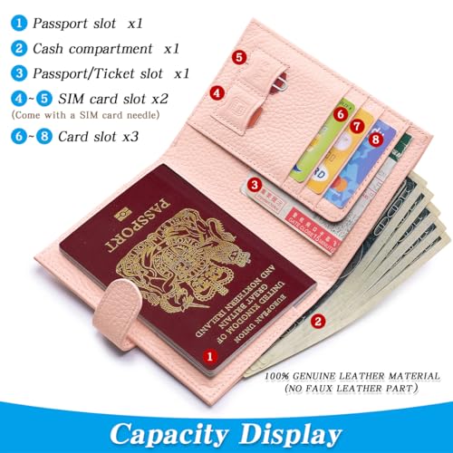 Passport Holder for Travel Women RFID Blocking Genuine Leather Passport Wallet with Card Slots (Pink)