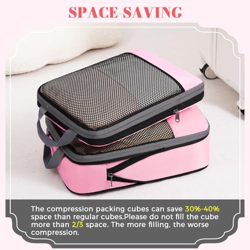 4 Set/6 Set/8 Set Compression Packing Cubes Travel Accessories Expandable Packing Organizers (Half Mesh, 6-Pink) (6-Pink / Half Mesh)