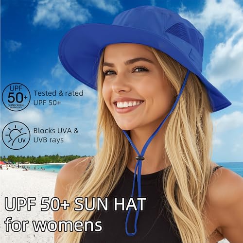 Women's Wide Brim Bucket Sun Hat Quick Dry UPF 50+ Sun Protection Fishing Hat Breathable Beach Hats Royal Blue (Large / Royal Blue)