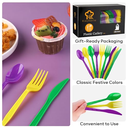 90 Pieces Mardi Gras Plastic Cutlery Set (Purple, Yellow, Green)