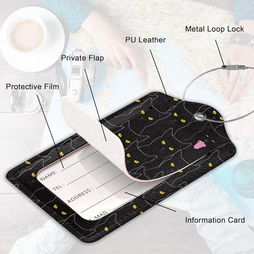 2Pcs Luggage Tag for Suitcase Black Cat Cute Suitcase Tag with Privacy Flap & Name ID Label & Metal Loop (Cute Black Cat)