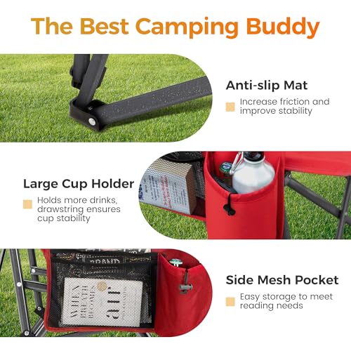 Heavy Duty 550LBS Padded Camping Chairs with Lumbar Support (Red / 1PC)
