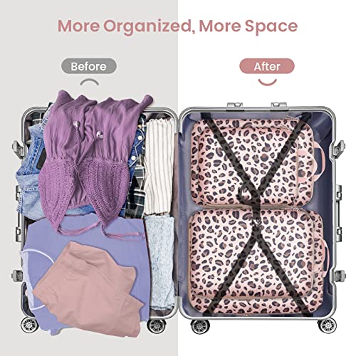 Compression Packing Cubes for Travel (10 Leopard Print Rose Gold / 6-Piece Set)