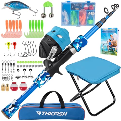 Kids Fishing Pole Set (Blue Pole Set with Folding Stool / 4.9 ft)