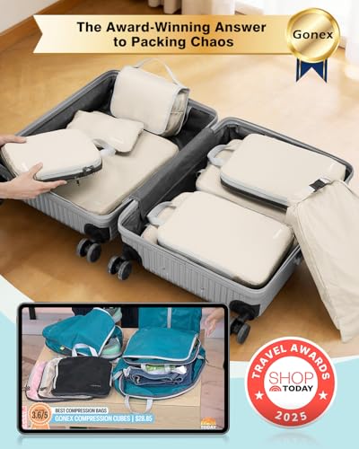 10 Piece Compression Packing Cubes with Travel Organizer Set (10-Cream / 10 Set)