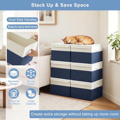 Large 22 Quart Linen Fabric Foldable Storage Bin Cube Organizer Basket with Flip (Navy Blue & White / Medium - 4 Pack)