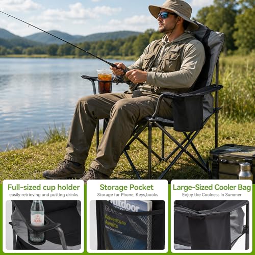 Heavy Duty Camping Chairs for Adults with Cup Holder & Cooler Bag (Black Gray | 500lbs)