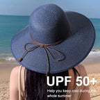 Womens Sun Straw Hat Bowknot Hat Summer Wide Brim Bucket Hats Foldable Beach Sun Hats Roll up UPF 50+ (1 Pack Bowknot Hat: Navy Blue, 4.7" Brim)