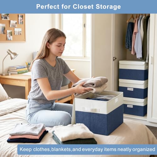 Large 22 Quart Linen Fabric Foldable Storage Bin Cube Organizer Basket with Flip (Navy Blue & White / Medium - 4 Pack)