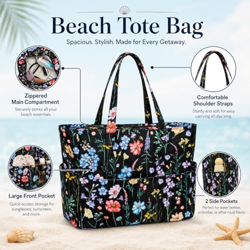 Waterproof Beach Tote Pool Bags for Women Ladies Extra Large Carry On Bag With Wet Compartment for Weekender Travel (Black Butterfly-floral)