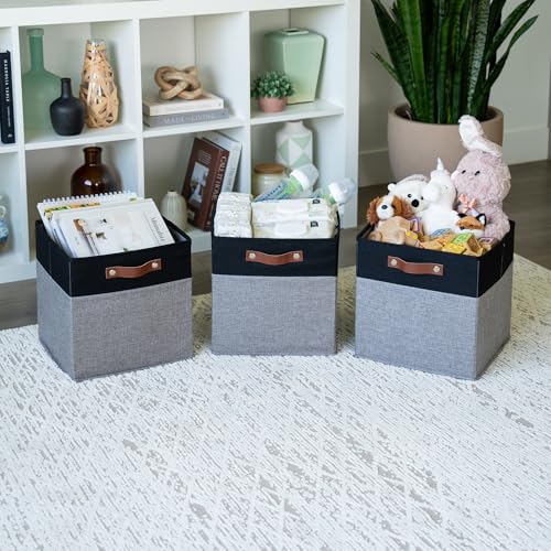 12x12 Cube Storage Bins (Gray Base / Black / (12x12) Leather Handles)