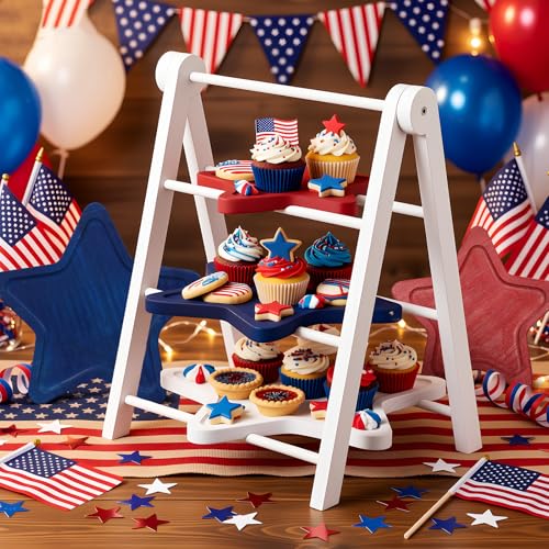 3 Tier Patriotic Star Serving Tray Red White Blue Wooden 4th of July Dessert Platters Independence Day 12" (Independence Day)