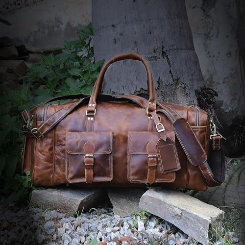 Large duffel bags for men holdall leather travel bag overnight gym sports weekend bag (28" X-Large / TAN BROWN)