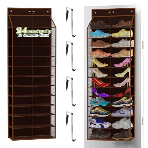 24 Pair Over Door Shoe Organizer for Family & Kids (12-Tier / 24 Walnut Brown)
