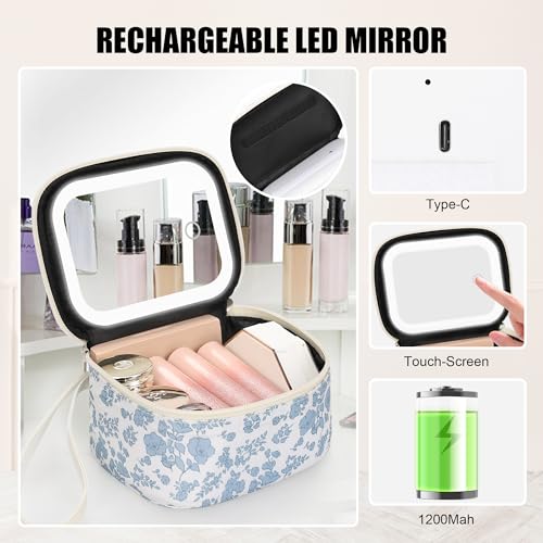 Mini Makeup Bag with LED Mirror (Blue Flower / Mini)