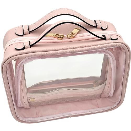Clear Makeup Bag Toiletry Bag for Women Cosmetic Case Large Capacity Travel Make Up Bag Organizer Transparent Storage Compartment TSA Approved (PINK)