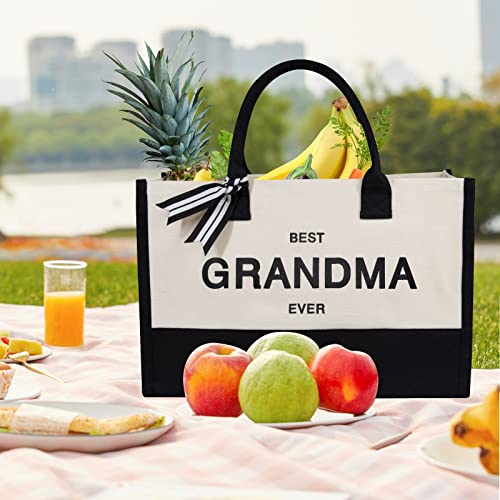 Embroidery Canvas Tote Bag for Women (Black & White / Best Grandma Ever)