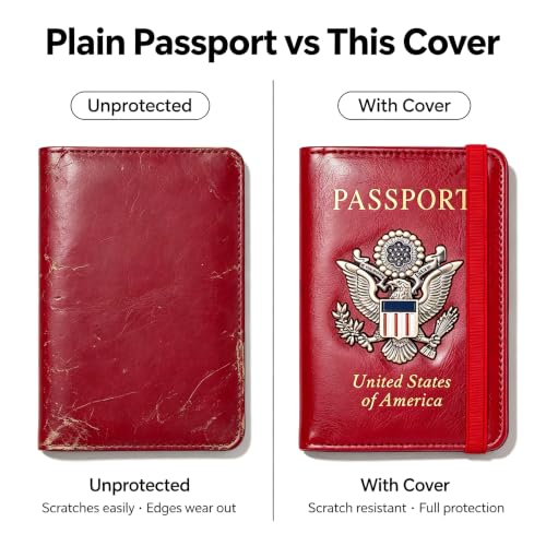 Premium Passport Holder for Travel RFID Blocking Passport Cover Slim (Red / Classic Metal Stamp)