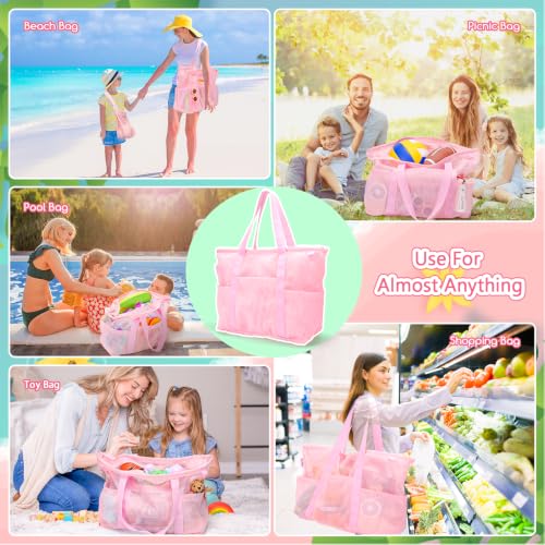 Mesh Beach Bag with Zipper (Pink)