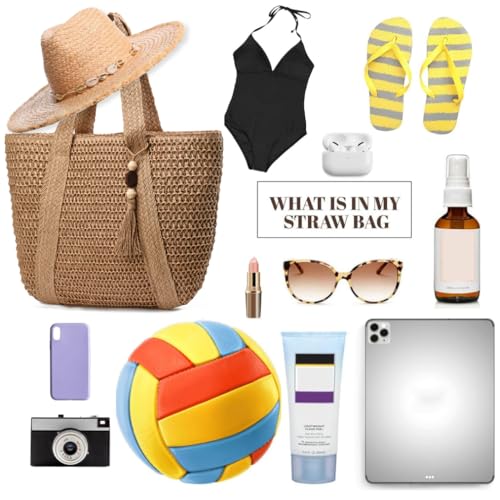 Straw Beach Bags for Women Summer Tote Bag Boho Shoulder Purse (D Khaki)