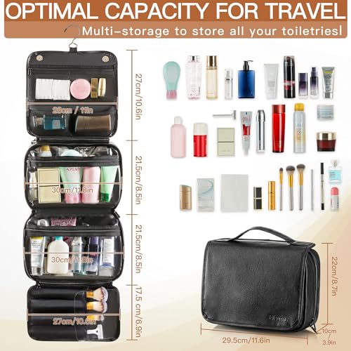 Hanging Toiletry Bag Removable Travel Bag PU leather Makeup Cosmetic Organizer Kit (Black / 1 Pack)