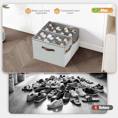 2 Pack Shoe Organizer for Closet (Light Gray + Green Gray)