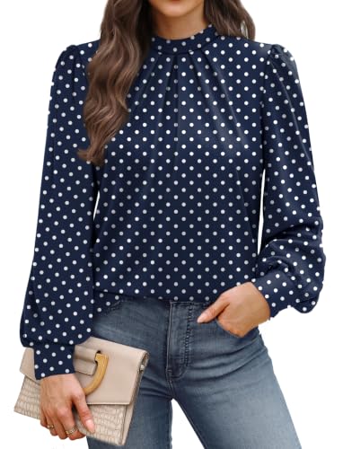 Long Sleeve Shirts for Women Fall Outfits for Women 2026 Business Casual Tops Blouses Dressy Casual Early Fall Fashion Clothing School Outfits for Teachers Work Clothes Trendy (05 - Navy Blue Polka Dot / Large)