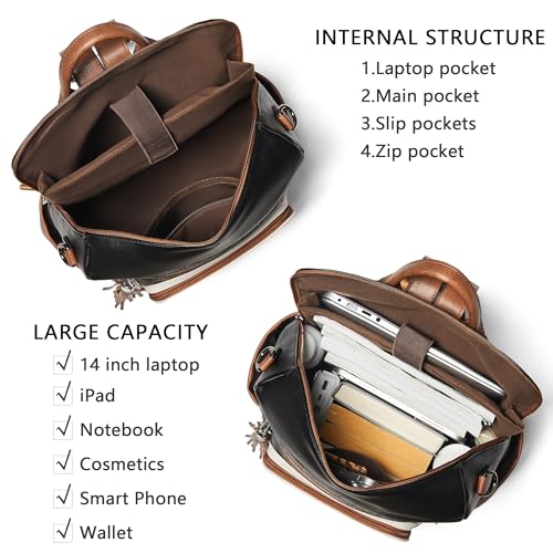 Vegan Leather Laptop Backpack for Women 15.6 inch Work Backpack Fashion Travel Backpack Purse for Business College (Black With Brown and White)