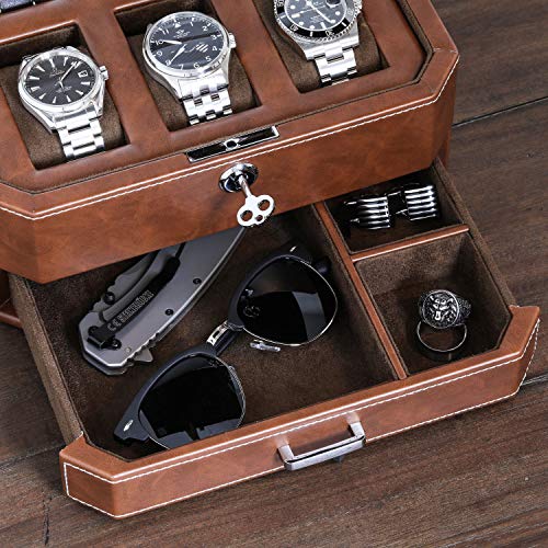 6 Slot Leather Watch Box with Valet Drawer (6 Slot - Tan / Brown)