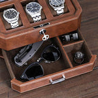6 Slot Leather Watch Box with Valet Drawer (6 Slot - Tan / Brown)