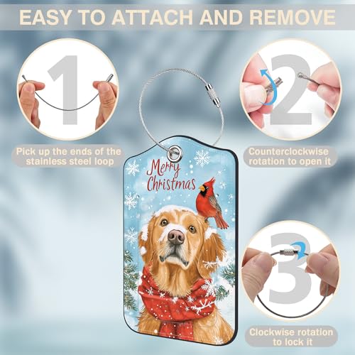 Set of 2 Christmas Dog and Red Cardinal Luggage Tags for Suitcases Leather Suitcase Tags Identifiers with Privacy Name Address Label and Stainless Steel Loop for Women Men Travel Luggage Accessories (Christmas Dog and Red Cardinal)