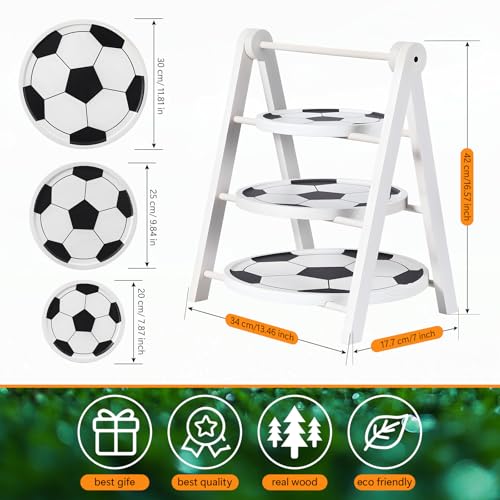 3 Tier Soccer Ball Serving Trays Wooden Shaped Soccer Stand Platters 12'' 10'' 8'' Round Charcuterie Plate Board Reusable Party Serving Plate for Game Tailgate Party Supplies (Soccer)