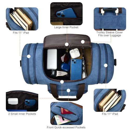 50L Canvas Duffle Bag for Travel Weekend Gym Overnight Carry (Blue / 50L)