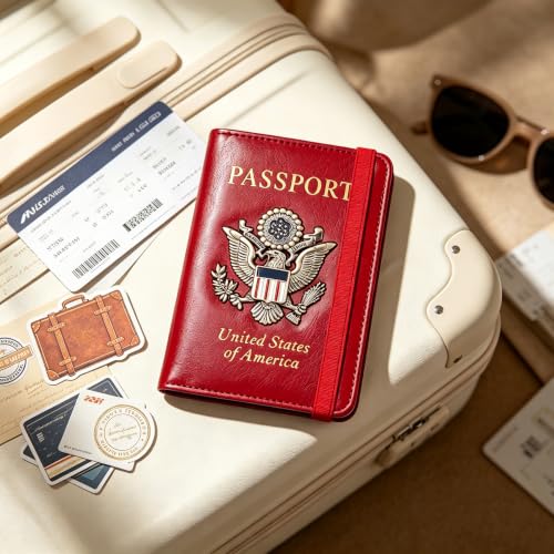 Premium Passport Holder for Travel RFID Blocking Passport Cover Slim (Red / Classic Metal Stamp)