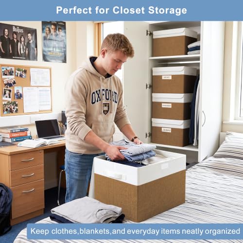 Large 17" 42 Quarts Collapsible Stackable Storage Bins with Lids [3 (Brown & White / Large - 3 Pack)
