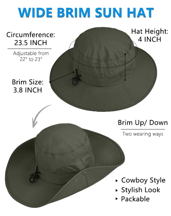 UPF 50+ Wide Brim Sun Hat with Neck Flap (Black+dark Green)