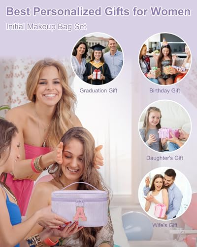 Personalized Initial Makeup Bag for Women Teen Girls (Purple)