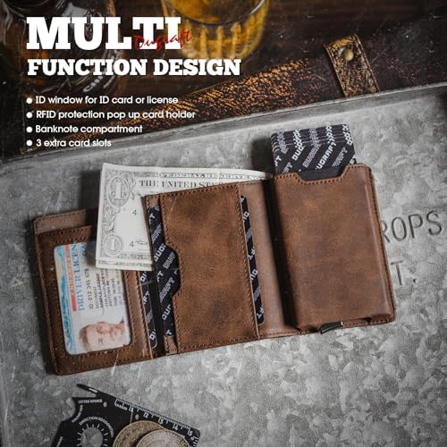 Trifold Card Wallet for Men RFID Blocking with Pop Up Credit Card Holder (Brown)
