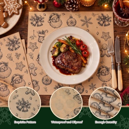 100 Pcs Christmas Wax Paper Sheets for Food Wrapping (Khaki / Christmas Lovely)