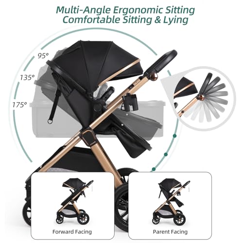 6-in-1 Convertible Baby Stroller with Bassinet Pushchair - Folding Infant Newborn Stroller w/Footmuff, Rain Cover, Cup Holder & Large Storage, Toddler w/All-Scene Large Wheels, Reversible Seat(Black) (Midnight Black)