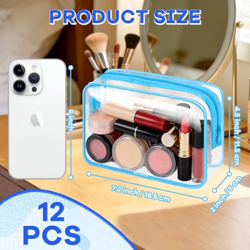 12PCS Clear Makeup Bag Transparent PVC Makeup Bag Waterproof Plastic Zipper Pouches Travel Toiletry Organizer Cosmetic Storage Case for Women Traveling Bathroom (Medium / Blue)