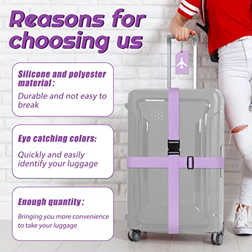 8 Pcs Luggage Straps Suitcase Tags Set for TSA Approved (Light Purple / Airplane)