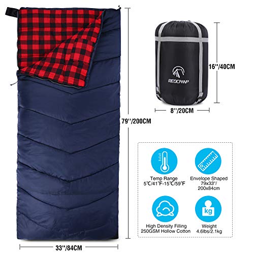 Cotton Flannel Sleeping Bag for Adults (Red Plaid with 2lbs Filling)